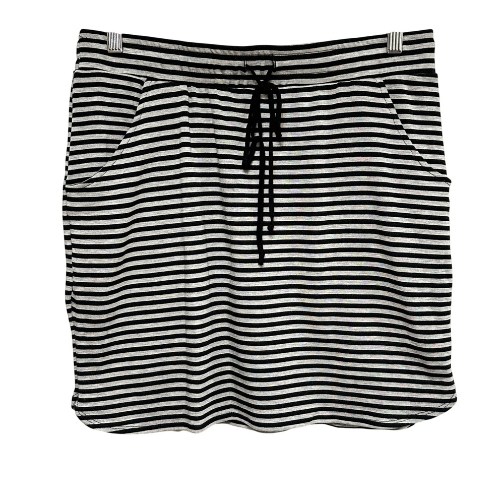 Renee‎ C. Striped Mini Skirt Womens L Black Grey Drawstring Pockets Casual Knit